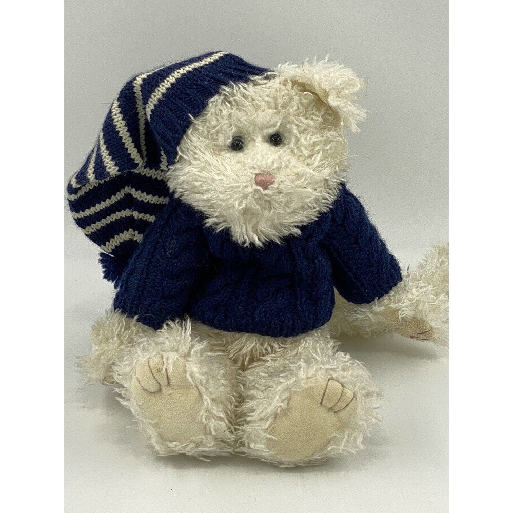 Boyds Bears TAYLOR PURRSKI White Cat w/Blue Sweater & long Striped Cap W/ Tag